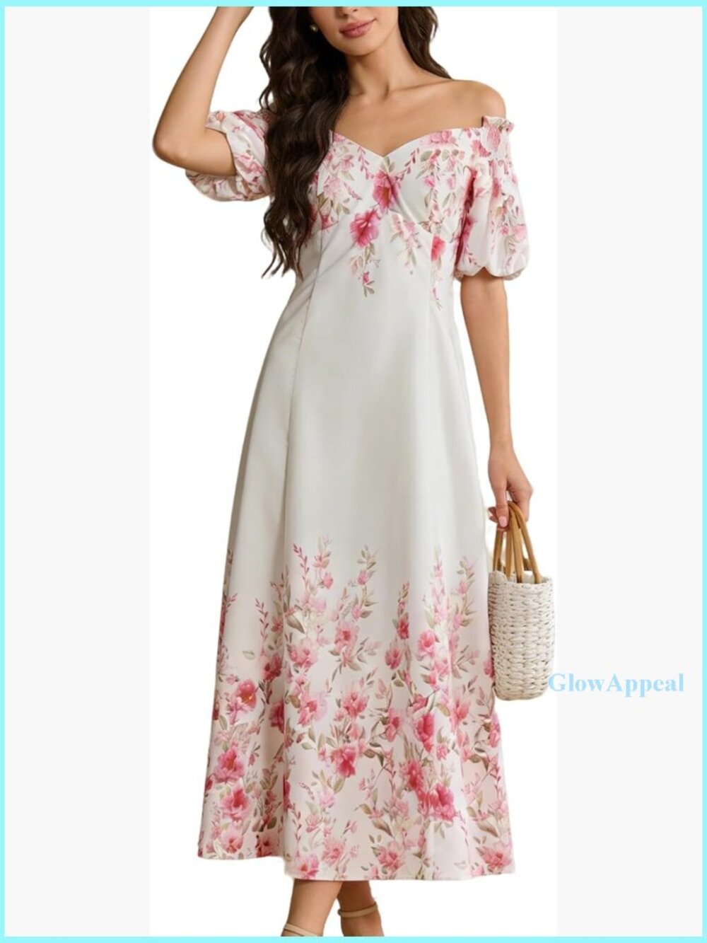 Women's Floral Print Midi Dress Off Shoulder Puff Sleeve A-Line High Waist